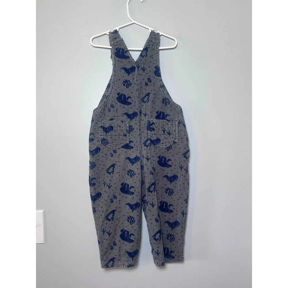 Gymboree Kids Gray Blue Arctic Animal Print Corduroy Overalls Small Penguin Bear